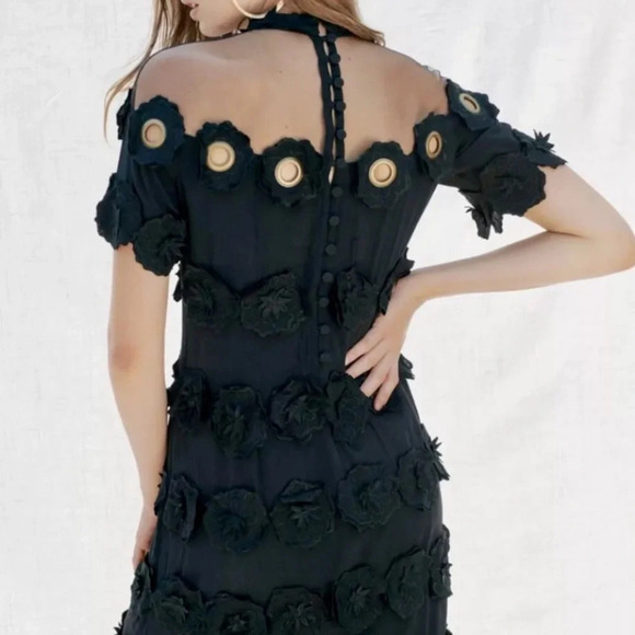 Free People Mini Dress Black Crepe Appliqué Grommet Mesh Neckline - Picture 7 of 14